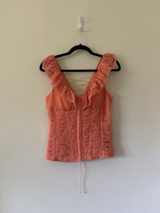 Faisca Tops - Vintage Y2K Sherbet Orange & pink Coral Corset Top Smocked Ruffle Blouse Large